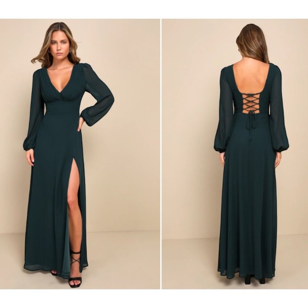 NWOT Lulus Marvelous Affair Emerald Green Pleated Lace-Up Maxi Dress